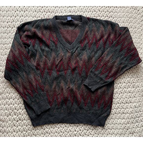 Van Heusen Other - Vintage 90s Striped Grandpa Sweater Red Green Copper V-neck Cosby Size XL